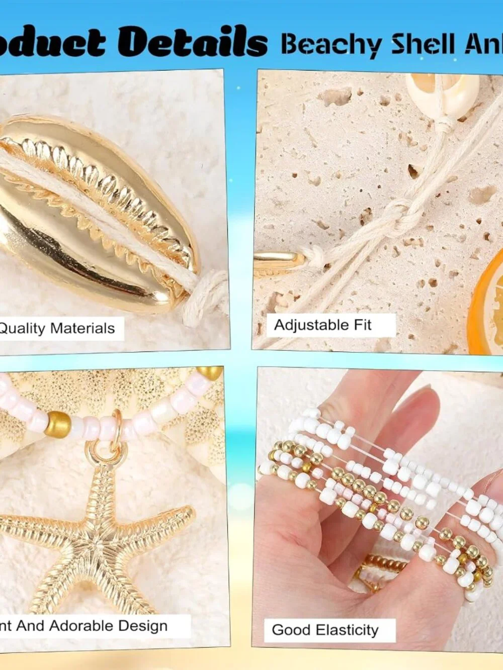 7PCS Boho Shell Ankle Bracelet Shell Beaded Ankle Bracelets for Women, Summer Be - Picture 4 of 8